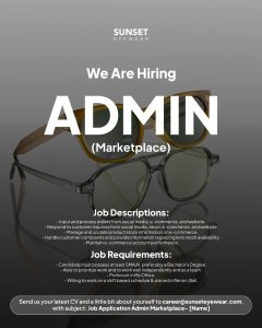 Lowongan Kerja Sebagai Admin Marketplace untuk Sunset Eyewear Penempatan di Bali
