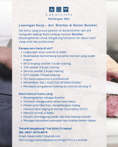 Lowongan Kerja Sebagai Assistant, Captain, Senior Waiter, Butcher untuk Lalucciola di Bali penempatan di Petitenget