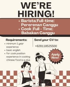 Lowongan Kerja Sebagai Barista, Cook untuk Cafe di Bali penempatan di Canggu