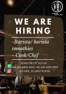 Lowongan Kerja Sebagai Barista, Cook untuk Tane Planet Food di Bali penempatan di Canggu