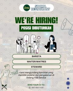 Lowongan Kerja Sebagai Barista, Waiter/Waitress, Steward untuk Sooma Restaurant Penempatan di Denpasar