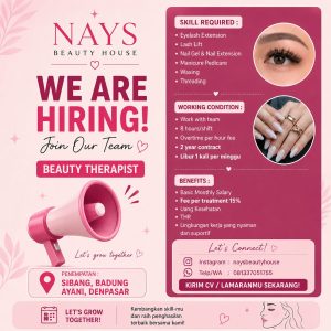 Lowongan Kerja Sebagai Beauty Therapist untuk Nays Beauty House Penempatan di Bali
