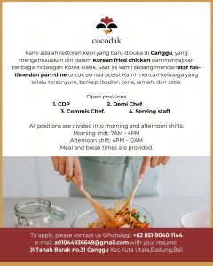 Lowongan Kerja Sebagai CDP, Demi Chef, Commis Chef, Serving Staff untuk Cocodak Penempatan di Badung