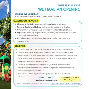Lowongan Kerja Sebagai Classroom Teacher untuk Umalas Kids Club di Bali penempatan di Umalas