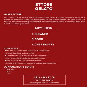 Lowongan Kerja Sebagai Cleaner, Cook, Chef Pastry untuk Ettore Gelato di Bali penempatan di Pererenan