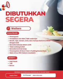 Lowongan Kerja Sebagai Cold Kitchen, Waiters, Crew Store untuk Tata's Pudding di Bali penempatan di Denpasar
