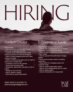 Lowongan Kerja Sebagai Content Creator, E-commerce Admin untuk Skae Lab Penempatan di Bali