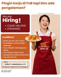 Lowongan Kerja Sebagai Cook Helper, Steward untuk RM Kelinci III di Bali penempatan di Denpasar