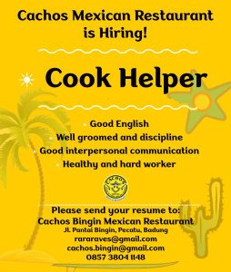 Lowongan Kerja Sebagai Cook Helper untuk Cachos Mexican di Bali penempatan di Pecatu