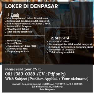 Lowongan Kerja Sebagai Cook, Steward untuk Tophat Cafe & Resto Penempatan di Denpasar