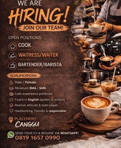 Lowongan Kerja Sebagai Cook, Waitress, Bartender, Barista untuk Cafe di Bali penempatan di Canggu