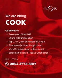 Lowongan Kerja Sebagai Cook untuk Ruoms Coffee Eatery Penempatan di Denpasar
