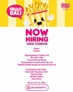 Lowongan Kerja Sebagai Crew Counter untuk Shake Shake in a Tube di Bali penempatan di Badung