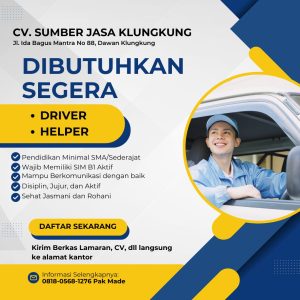 Lowongan Kerja Sebagai Driver, Helper untuk CV. Sumber Jasa Klungkung Penempatan di Klungkung
