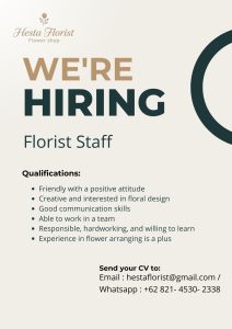 Lowongan Kerja Sebagai Florist Staff untuk Hesta Florist di Bali penempatan di Denpasar