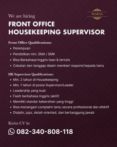 Lowongan Kerja Sebagai Front Office, Housekeeping Supervisor untuk SVARNA Penempatan di Bali