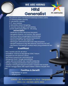 Lowongan Kerja Sebagai HRD Generalist untuk PT. Bintang Penempatan di Denpasar
