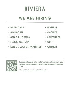 Lowongan Kerja Sebagai Head Chef, Sous Chef, Senior Hostess dll untuk Riviera di Bali penempatan di Badung