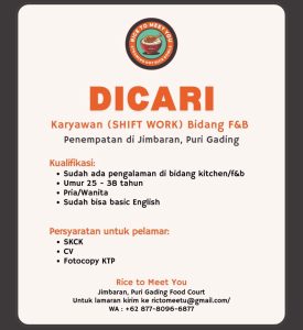 Lowongan Kerja Sebagai Karyawan F&B untuk Rice to Meet You Penempatan di Jimbaran, Badung