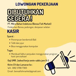 Lowongan Kerja Sebagai Kasir untuk Benoa Fish Market di Bali penempatan di Denpasar
