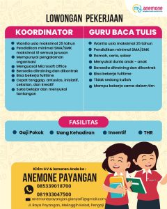 Lowongan Kerja Sebagai Koordinator, Guru Baca Tulis untuk Anemone Payangan Penempatan di Gianyar