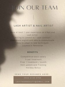 Lowongan Kerja Sebagai Lash Artist & Nail Artist untuk Lavita De Beauty Penempatan di Pererenan, Badung
