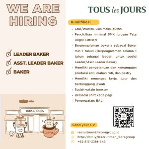 Lowongan Kerja Sebagai Leader Baker, Asst. Leader Baker, Baker untuk Tous les Jours di Bali penempatan di Bali