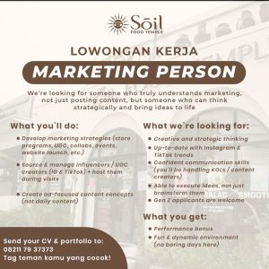 Lowongan Kerja Sebagai Marketing Person untuk Soil Food Temple Penempatan di Badung