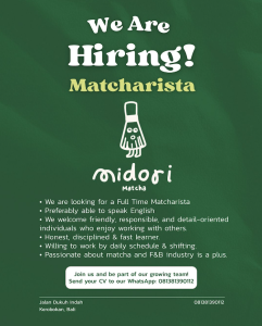 Lowongan Kerja Sebagai Matcharista untuk Midori Matcha Penempatan di Kerobokan, Badung