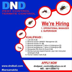 Lowongan Kerja Sebagai Operational Manager, Supervisor untuk DND Pest Control di Bali penempatan di Denpasar