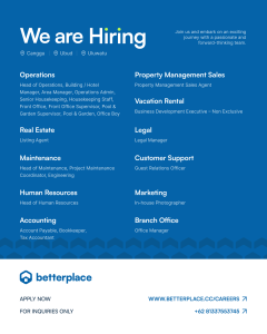 Lowongan Kerja Sebagai Operations, Real Estate, Maintenance, Human Resources, Dll untuk Betterplace Penempatan di Bali