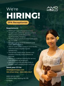 Lowongan Kerja Sebagai Receptionist, Therapist, Nail Art Specialist, Daily Worker untuk AMO SPA & CAFE di Bali penempatan di Canggu