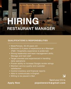 Lowongan Kerja Sebagai Resturant Manager, Cook, Server, Steward, Dumpling Maker untuk Papa Lee's di Bali penempatan di Badung