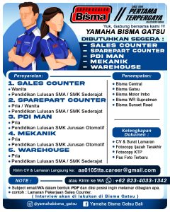 Lowongan Kerja Sebagai Sales Counter, Sparepart Counter, PDI Man, Mekanik, Warehouse untuk Yamaha Bisma Penempatan di Bali