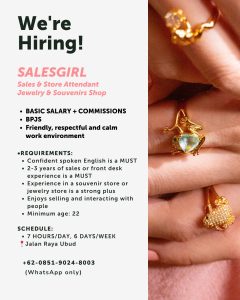 Lowongan Kerja Sebagai Sales Girl untuk Jewelry & Souvenirs Shop Penempatan di Ubud, Gianyar
