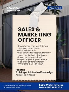 Lowongan Kerja Sebagai Sales & Marketing Officer untuk Nofret Aluminium di Bali penempatan di Jimbaran