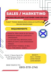 Lowongan Kerja Sebagai Sales / Marketing untuk Pusat Teknik Bangunan Penempatan di Denpasar
