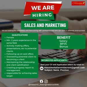 Lowongan Kerja Sebagai Sales and Marketing untuk Massimo Italian Restaurant di Bali penempatan di Sanur