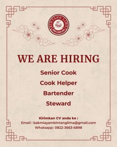 Lowongan Kerja Sebagai Senior Cook, Cook Helper, Bartender, Steward untuk Bakmi Ayam Bintang Lima Penempatan di Legian, Badung