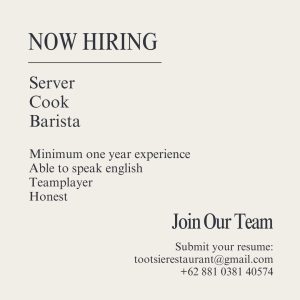 Lowongan Kerja Sebagai Server, Cook, Barista untuk Tootsie Restaurant di Bali penempatan di Sanur