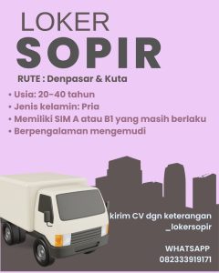 Lowongan Kerja Sebagai Sopir untuk penempatan di Denpasar