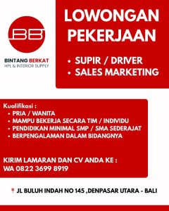 Lowongan Kerja Sebagai Sopir/Driver, Sales Marketing untuk Bintang Berkat HPL & Interior Supply Penempatan di Denpasar