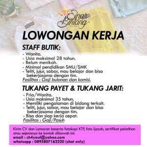 Lowongan Kerja Sebagai Staff Butik, Tukang Payet & Tukang Jarit untuk Sinar Bintang Boutique Penempatan di Denpasar