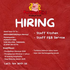 Lowongan Kerja Sebagai Staff Kitchen, Staff F&B Service untuk Porkpoy Ribs Penempatan di Bali
