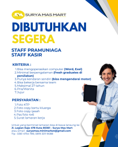 Lowongan Kerja Sebagai Staff Pramuniaga, Staff Kasir untuk Surya Mas Mart Penempatan di Legian, Badung