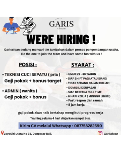 Lowongan Kerja Sebagai Teknisi Cuci Sepatu, Admin untuk Garis Clean di Bali penempatan di Denpasar