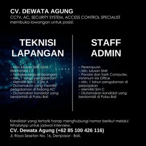 Lowongan Kerja Sebagai Teknisi Lapangan, Staff Admin untuk CV. Dewata Agung di Bali penempatan di Denpasar