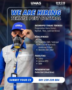 Lowongan Kerja Sebagai Teknisi Pest Control, Teknisi Fogging, Supervisor Pest Control untuk Umas Pest Control di Bali penempatan di Bali
