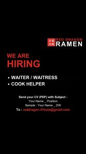 Lowongan Kerja Sebagai Waiter/Waitress, Cook Helper untuk Red Dragon Ramen di Bali penempatan di Bali