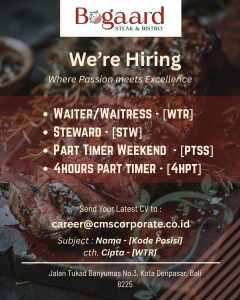 Lowongan Kerja Sebagai Waiter/Waitress, Steward, Part Time Weekend, 4 Hours Part Time untuk Bogaard Steak & Bistro Penempatan di Denpasar